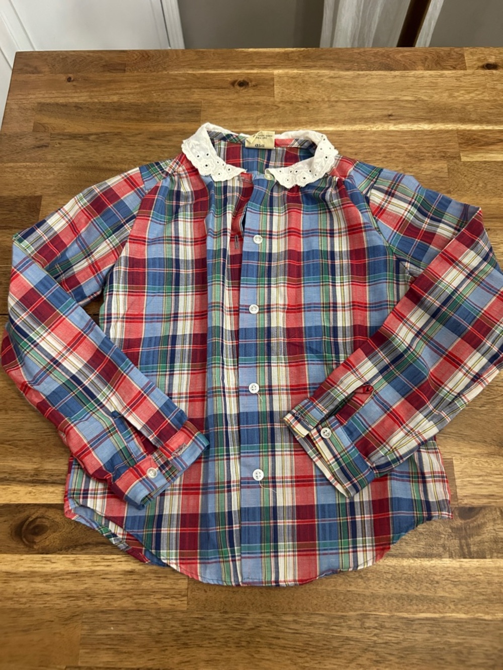 Vintage Girls' Plaid Button-Front Shirt with Eyelet Collar - Red/Blue